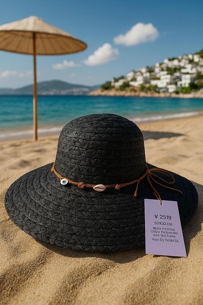 kabancım Natural Straw Wide Brim Summer Hat with Seashell