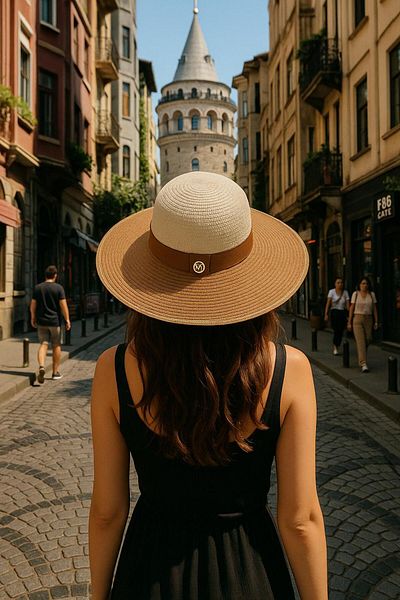 kabancım Natural Straw Wide Brim Summer Hat with Double Color Detail