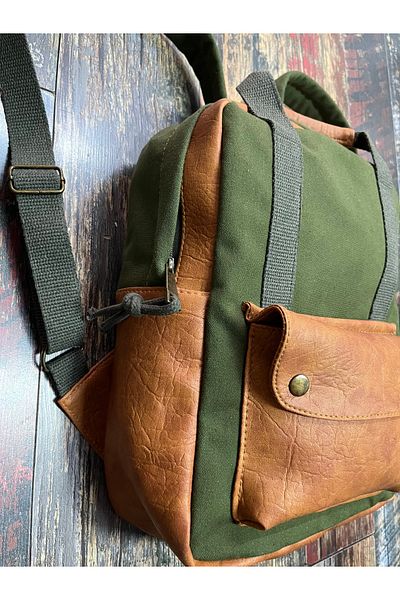 Street Bag Πράσινο μοντέρνο σχέδιο καμβά δερμάτινο αδιάβροχο σακίδιο πλάτης με μανίκια μεταφοράς με τσέπες