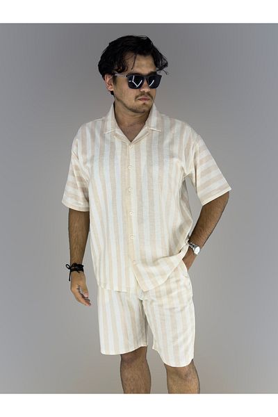 MARESHAL Cotton Linen Lapel Collar Striped Detailed Short Sleeve Shirt (Powder-Beige)
