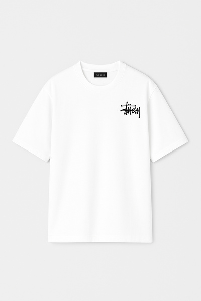 THE RULE Unisex Stüssy Letter Printed Oversize 100% Cotton Wide Cut Textured Crew Neck White T-Shirt Rf0523