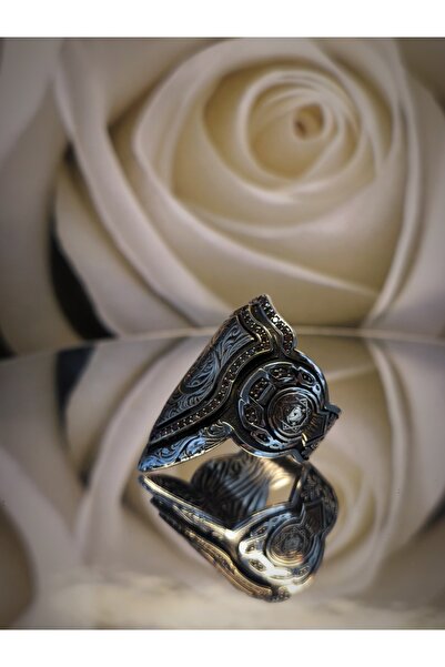 Avcı Silver 925 Ayar Gümüş El Yapımı Mikro Taş İşlemeli ve Kalemkar Oymalı Selçuklu Motifli Zihgir Okçu Yüzüğü