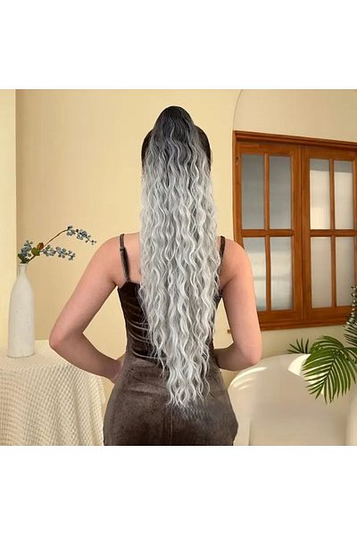 NeednStore Gray Ombre 70 cm Wavy Latch Ponytail Wig Hair - 1St Quality Synthetic Heat Resistant Material