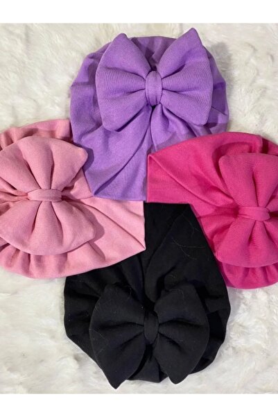 Bebekino طقم بونيه بفيونكة للفتيات الصغيرات مكون من 4 قطع بلون موحد