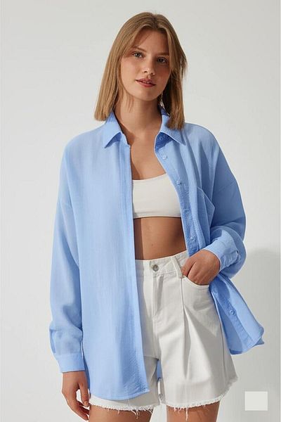 COMBİNE MİCHAİL Cămașă de in oversize albastru cer pentru femei