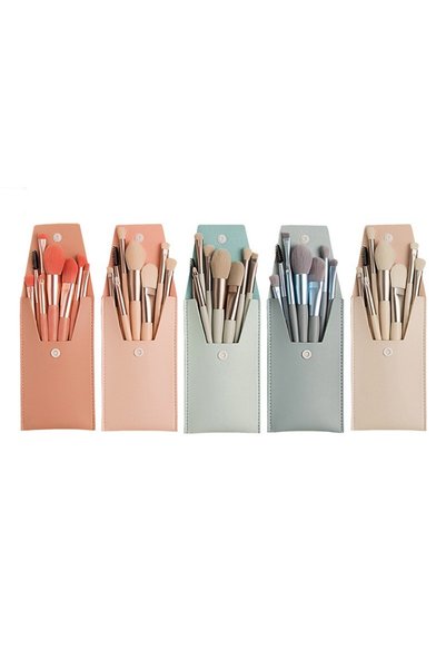 bzstore Set mini portabil de 8 pensule de machiaj cu carcasă bej