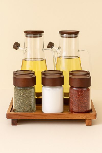 Mirilliahome Set of 2 Glass Oil Pot and 6 Spice Jars with Acacia Base – Borosilicate Glass & Wooden Stand