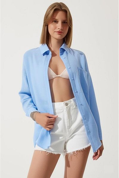 COMBİNE MİCHAİL Cămașă de in oversize albastru cer pentru femei
