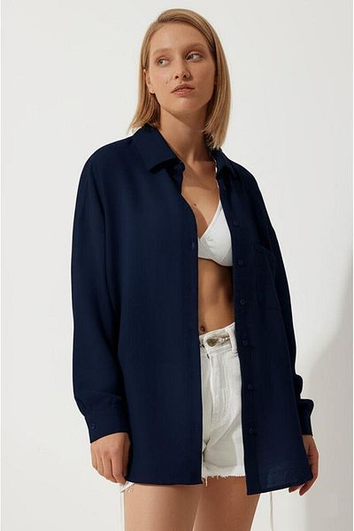 COMBİNE MİCHAİL Cămașă de in oversize albastru bleumarin pentru femei