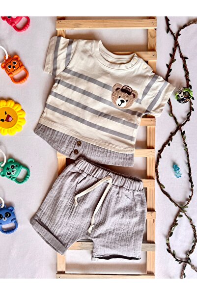 KapsülBebek Summer Baby Set of 2 – 100% Organic Cotton T-Shirt Shorts Set, Unisex, Teddy Bear Pattern