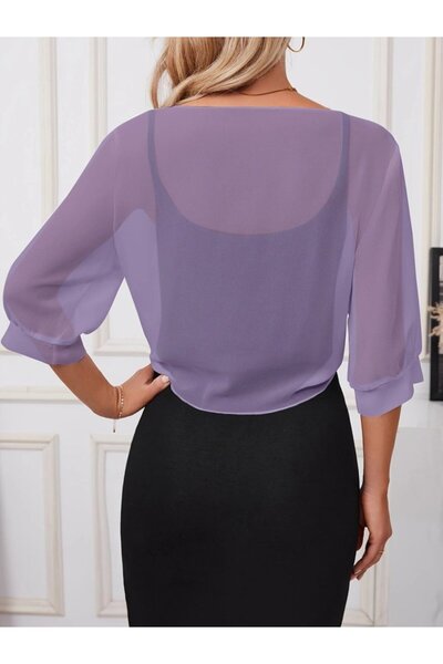 Teusta Women's Three Quarter Sleeve Front Tie-Up Short Chiffon Bolero Jacket