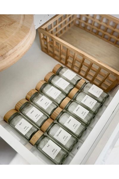 Snow Homs 12 Piece Bamboo Lid Square Form Glass Spice Jar Set