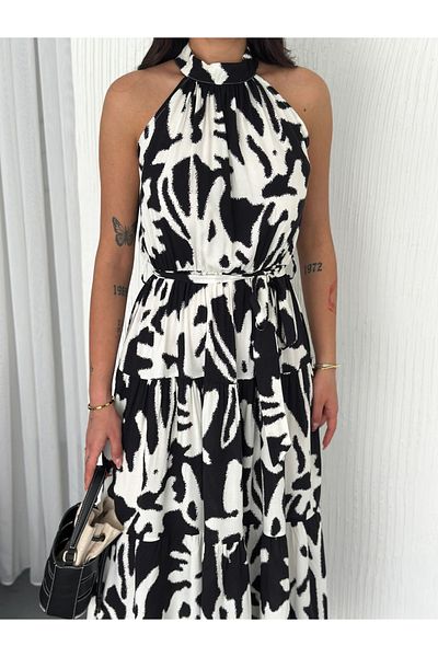 jöns since 1997 Women's Zero Sleeve Belted Patterned Black and White Long Dress