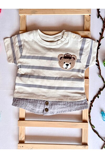KapsülBebek Summer Baby Set of 2 – 100% Organic Cotton T-Shirt Shorts Set, Unisex, Teddy Bear Pattern