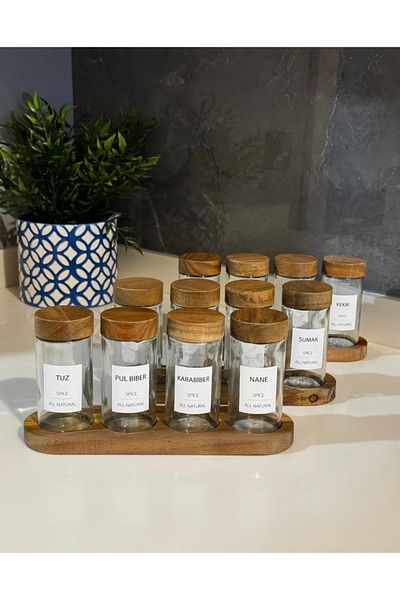 Snow Homs 4-piece glass acacia spice rack set with wooden lid and stand - kitchen organizer