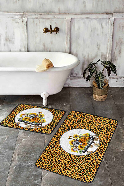 Realhomes طقم سجادة حمام مكون من قطعتين بنمط حمار وحشي أصفر ومجموعة سجادة مطبخ
