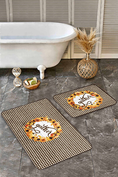 Realhomes طقم سجادة حمام مكونة من قطعتين بتصميم منقوش باللون القهوة ومجموعة سجادة مقعد المرحاض