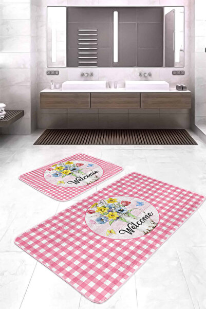 Realhomes طقم سجادة حمام ومقعد مرحاض مكون من قطعتين بتصميم ترحيبي منقوش باللو...