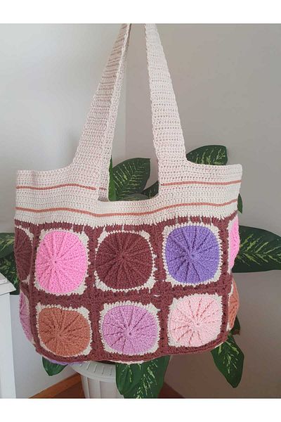 NEXT LİFE STORE Square Motif Medium Size Bohemian Style Stylish and Useful Hand Knitted Shoulder Bag
