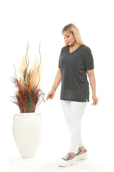 fly just Women's Large Size V-Neck Silvery Striped Viscos Tshirt
