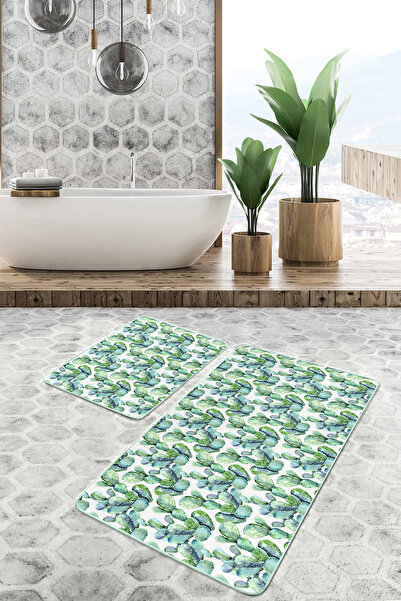 Realhomes طقم سجادة للحمام والمطبخ مكون من قطعتين مطبوع رقميًا بطابع الصبار ا...