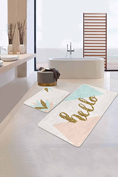 Realhomes طقم سجادة للحمام والمطبخ مكون من قطعتين بتصميم Hello ذو تفاصيل ذهبي...