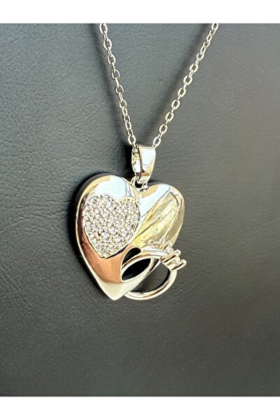 TWOGAN خاتم من حجر واحد، قلب، فضي اللون، فولاذ، سوليتير، قلادة للحبيب