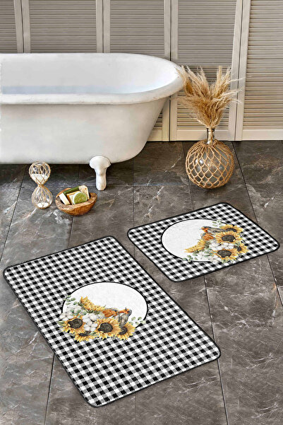 Realhomes طقم سجاد حمام منقوش باللونين الأبيض والأسود مكون من قطعتين ومجموعة سجادة مقعد المرحاض