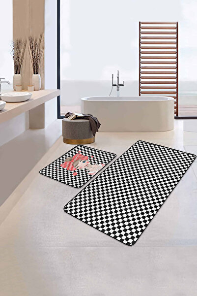 Realhomes طقم سجادة للحمام والمطبخ مكون من قطعتين باللونين الأبيض والأسود