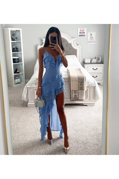 WellWay İthal Şifon Kumaş Astarlı Elbise Mavi-ürün Dar Kalıptır 1 Beden Büyük Alınız!
