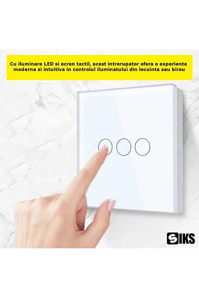 SIKS Triple Touch Light Switch Made of Tempered Glass, Touch Screen, Elegant, 3 Phases, White