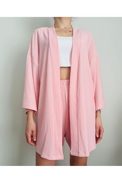 VOL Belted Front Tie Kimono (Cardigan) - Shorts Set