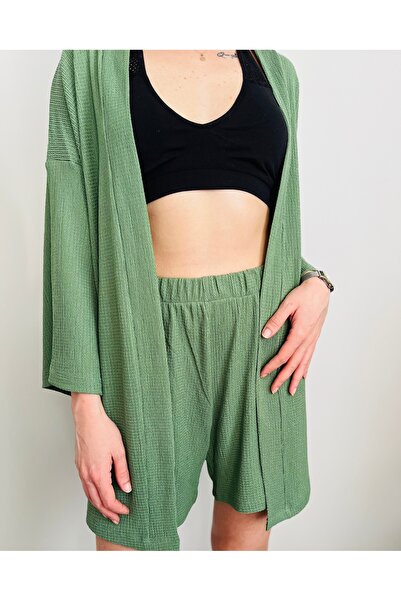 VOL Belted Front Tie Kimono (Cardigan) - Shorts Set