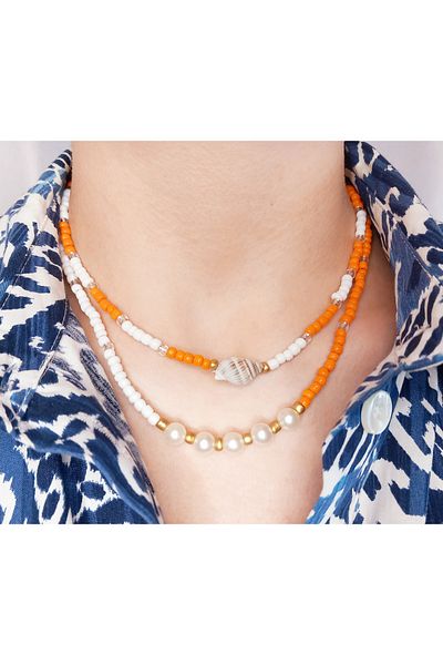 Crystal Atelier Orange White Sand Beaded Seashell Pearl 2-Piece Handmade Summer Necklace Set–Bohemian Pearl Necklace