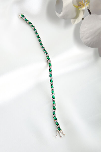 SARIASLAN Rodyumlu Yeşil Damla Taşlı Su Yolu Kadın Gümüş Bileklik 925 Ayar