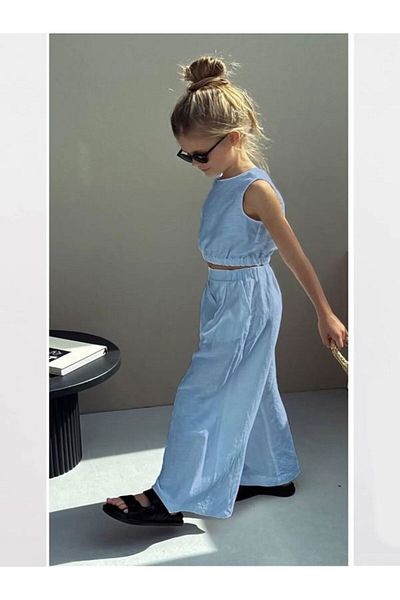 NİSAY BOUTİQUE Girls' Linen Fabric Sleeveless Top and Wide Leg Pants with Elastic Waist Special Bottom Top Set for Princesses