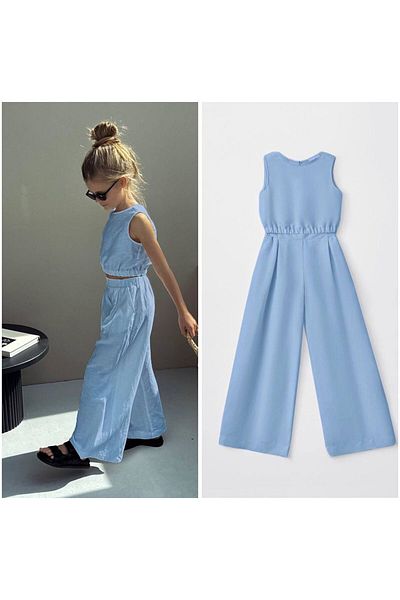NİSAY BOUTİQUE Girls' Linen Fabric Sleeveless Top and Wide Leg Pants with Elastic Waist Special Bottom Top Set for Princesses