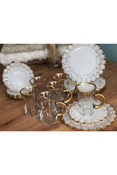 B&M Gold Lace Patterned Curved 18 Piece Tea Enjoyment Set (Glass with Handle)