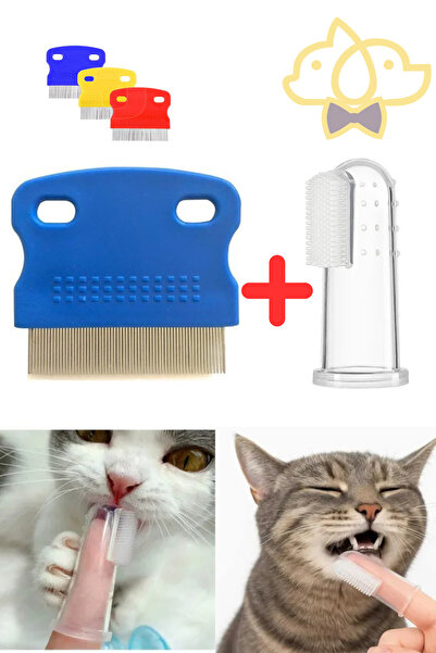 PapyonPet Kedi Köpek Bit Pire Tarağı & Silikon Parmak Diş Fırçası Seti | Ağız ve Tüy Bakım Seti