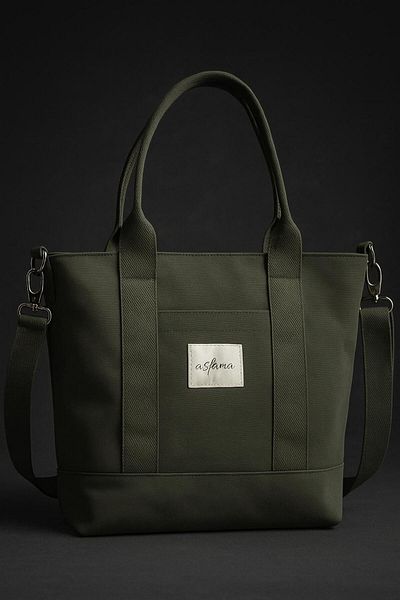 ASFAMA Large Size Zippered Canvas Bag Tote Bag with Shoulder Strap