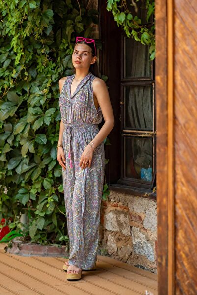 Miss Boheme Pembe Renk Ön Yırtmaç Detaylı Bohem İpek Tulum