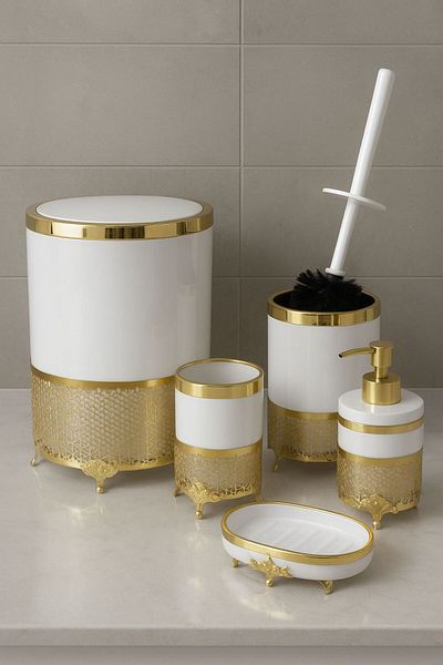 Zoe Home طقم مرحاض فاخر مكون من 5 قطع، طقم إكسسوارات حمام حديث بتفاصيل ذهبية