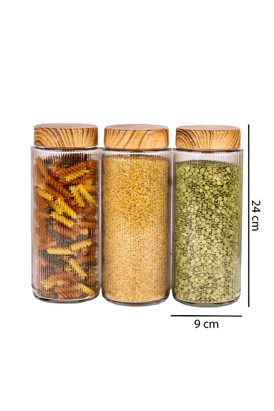 naturelove 3 Pieces of Wooden Look Glass Jar with Lid and Food Storage Container 1500 ml