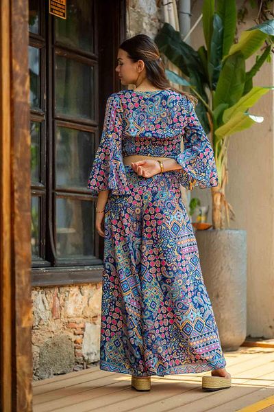 Miss Boheme Blue Color Sequin Detailed Silk Trousers Blouse Set