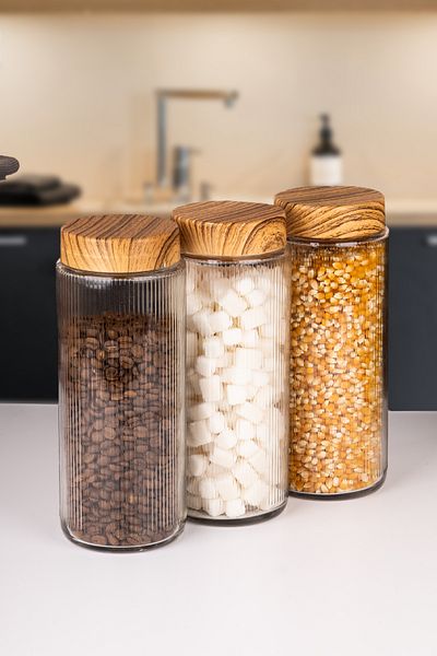naturelove 3 Pieces of Wooden Look Glass Jar with Lid and Food Storage Container 1500 ml