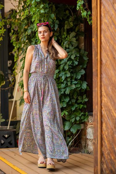 Miss Boheme Pink Color Bohemian Silk Jumpsuit with Front Slit Detail