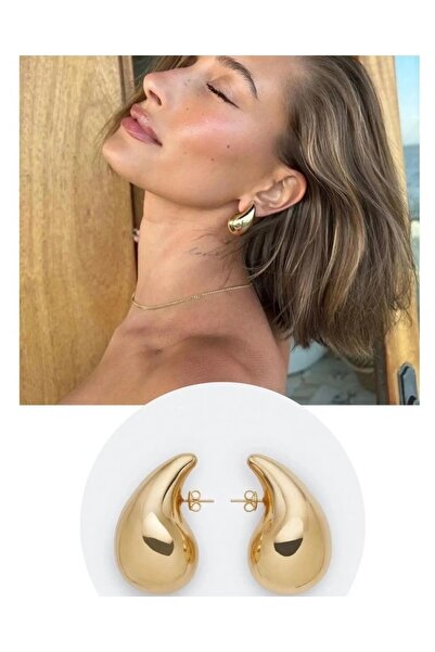 Perry Accesories Bottega Gözyaşı Damlası Küpesi Gold Renk 3 Çizgili Küpe Altın Kaplama Gold Küpe Kadın Küpe