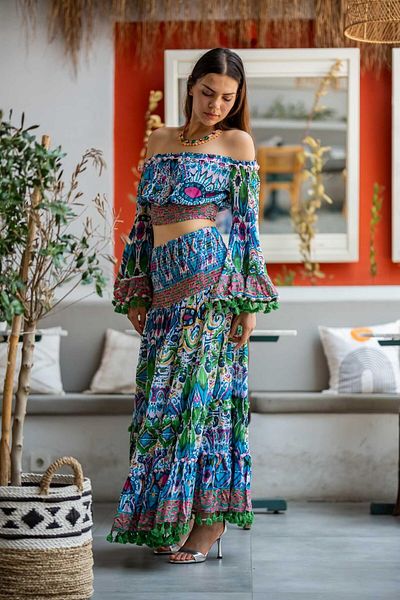 Miss Boheme Blue Color Patterned Embroidered Pompom Detailed Skirt Blouse Set