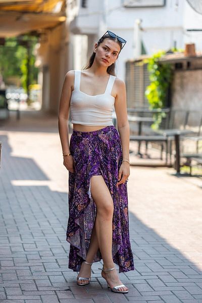 Miss Boheme Purple Color Deep Front Slit Ruffle Patterned Shorts Skirt