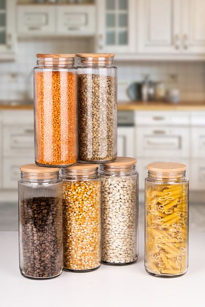 naturelove 6 Pieces Wooden Vacuum Lid Glass Jar and Food Storage Container and Organizer 1500 ml